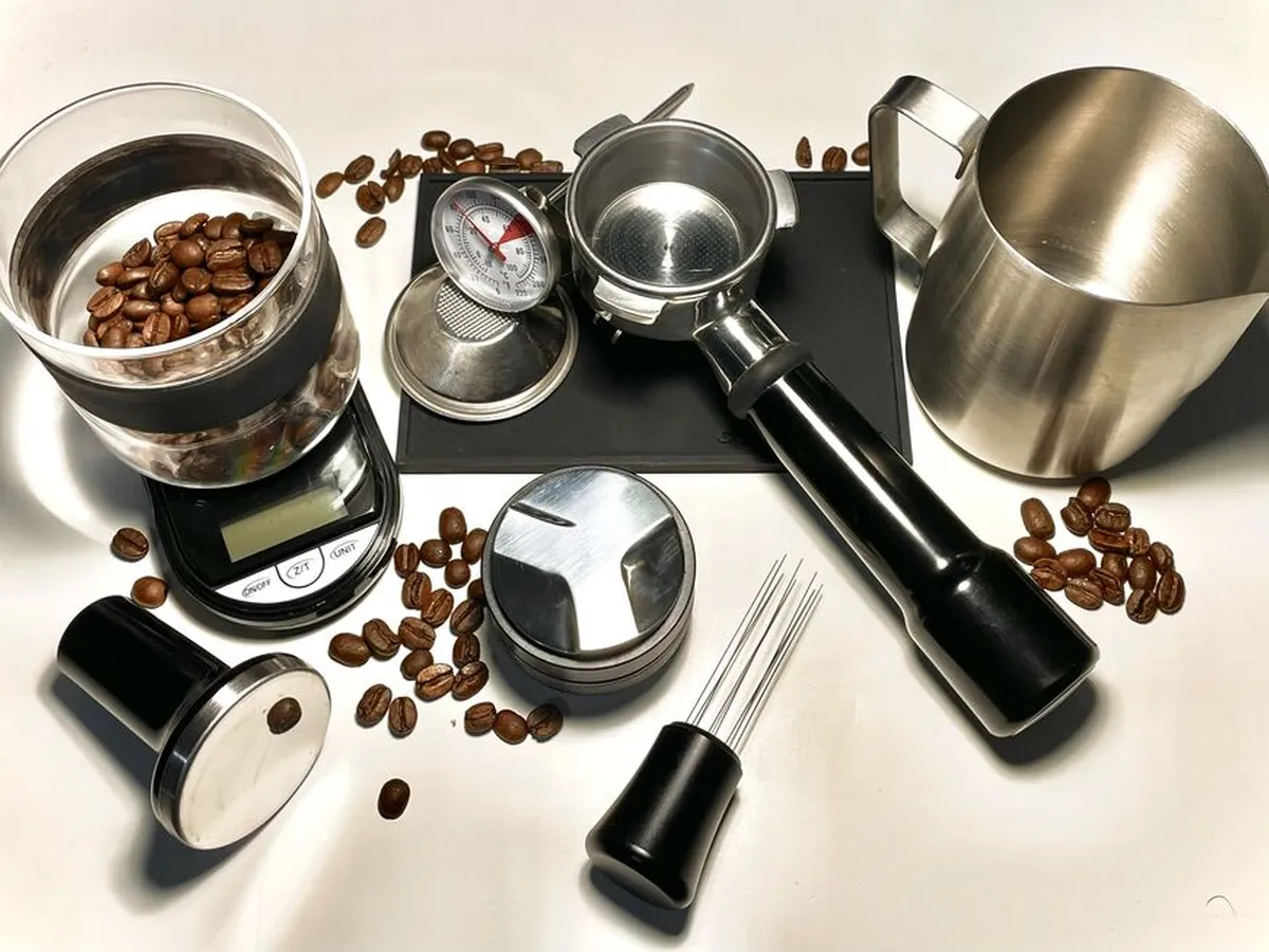 Espresso scale, portafilter, and coffee beans on a home brewing counter